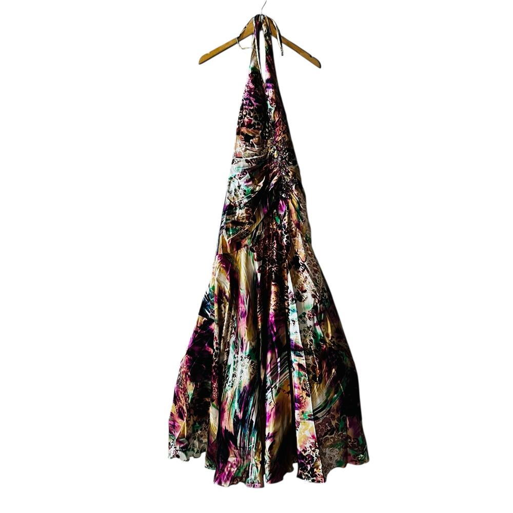 Sean Couture Printed Beaded Detail Halter Neck Maxi Dress Size 2